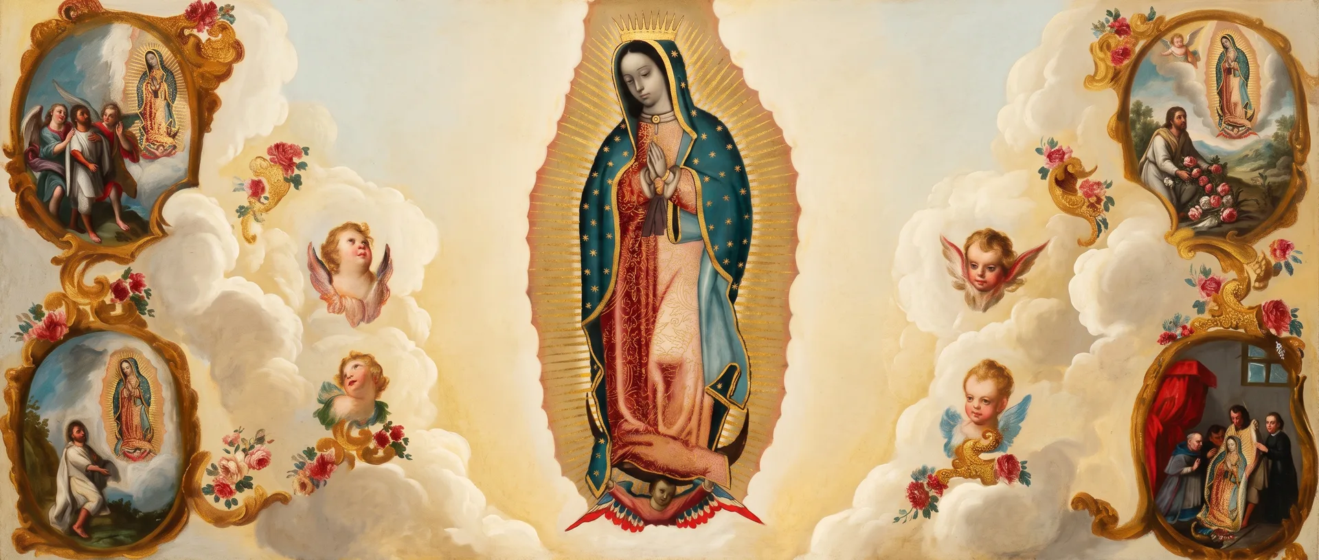 Virgen de Guadalupe con las cuatro apariciones